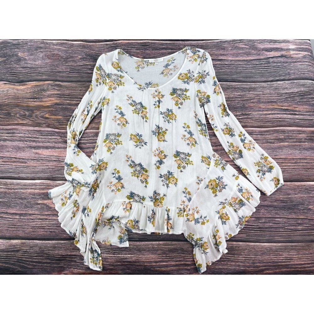 Entro Sz S Womens Floral Print Tunic Top Peasant Blouse Ruffle Asymmetrical Hem